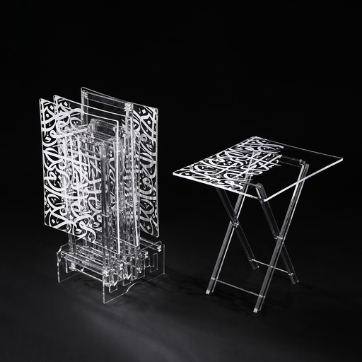 [02-1124] Vague Acrylic 4 Curved Rectangular Coffee Tables with Stand Set Arabic Calligraphy Printing