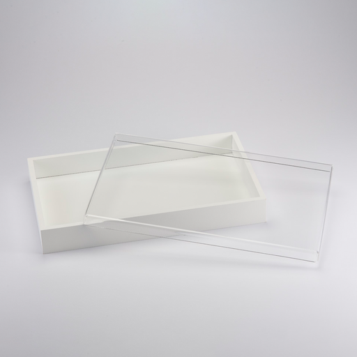 [02-1145] Vague Rectangular White Wooden Serving Box with Acrylic Cover 42 cm x 26 cm