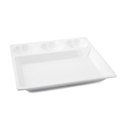 [36-469] Vague Melamine Square Divided Platter with 3 Round Sauce Compartment 29 cm