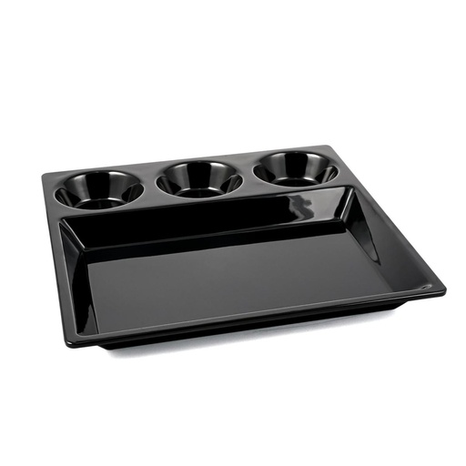 [36-469B] Vague Melamine Square Divided Platter with 3 Round Sauce Compartment 29 cm