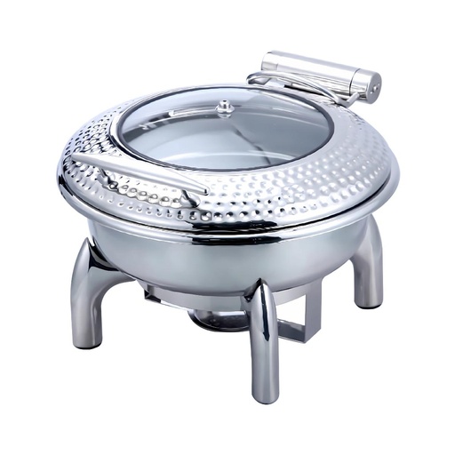 [BF-049S] Upper 6L Round Chafing Dish  With Glass Lid, Small Hammer - Silver