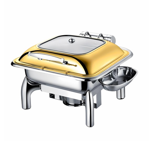 [BF-052G] Vague Stainless Steel Square Chafing Dish with Glass Lid 6L Gold