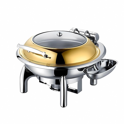 [BF-053G] Vague Stainless Steel Round Chafing Dish with Glass Lid 6L Gold