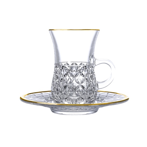 [04-547] Vague Crystal 12 Piece Tea Cups & Saucers Set with Gold rim