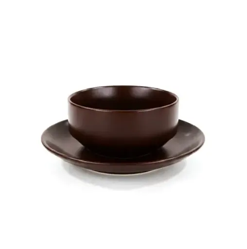 [08-046D3] Porceletta Rustic Black Reactive Glaze Porcelain Soup Cup & Saucer