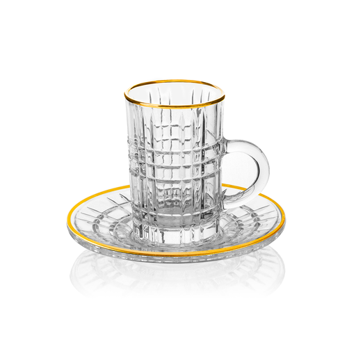 [04-363] Vague Tea Glass Cups & Saucers Set with Golden Rim 120 ml