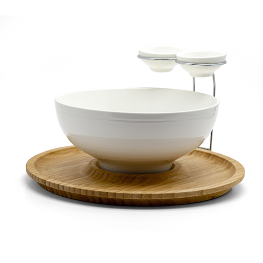 [08-1527] Porceletta Ivory Porcelain Chip & dip with Bamboo Stand