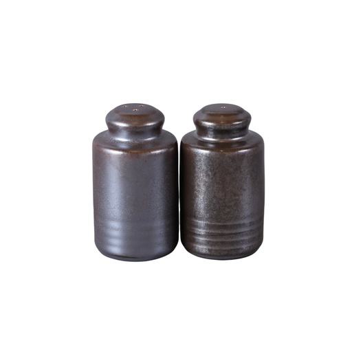 [08-441D3] Porceletta Rustic Black Reactive Glaze Porcelain Cylindrical Salt & Pepper Set