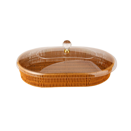 [13-R077] Oval Rattan PP Basket with Acrylic Cover 42.5 x 28.8 x 15 cm
