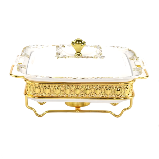 [13-R364] 1.8L Square Ceramic Food Warmer with Golden SS Stand