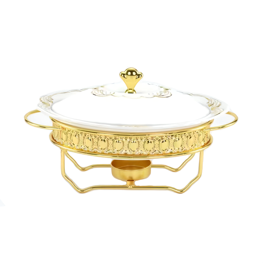 [13-R368] 1.0L Oval Ceramic Food Warmer with Golden SS Stand
