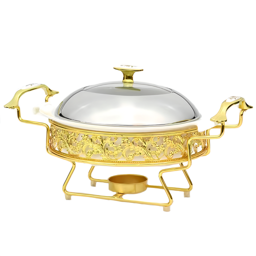 [13-R369] 11" Round Ceramic Food Warmer with Golden SS Stand and Lid