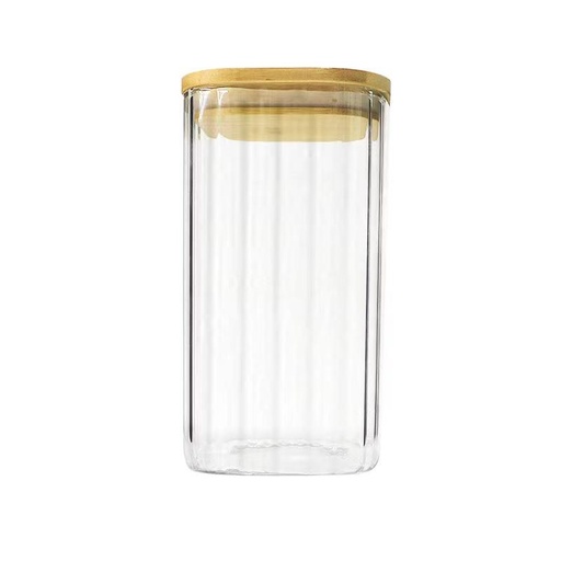 [13-R504] Striped Transparent Glass Jar with Bamboo lid 9 cm x 12 cm