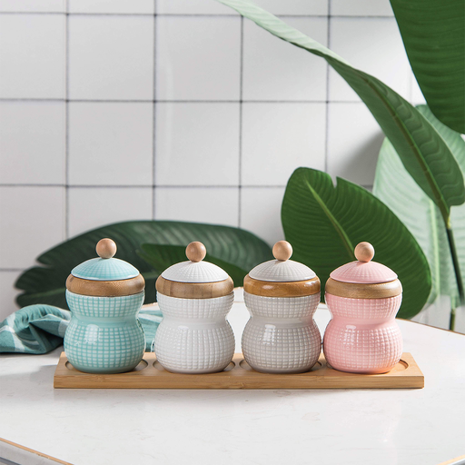 [03-181] طقم برطمانات توابل بورسلين ديكوبور مع حامل، 5 قطع