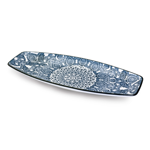 [D03-022] Che Brucia Arabesque Blue Porcelain Boat Shape Plate 14"