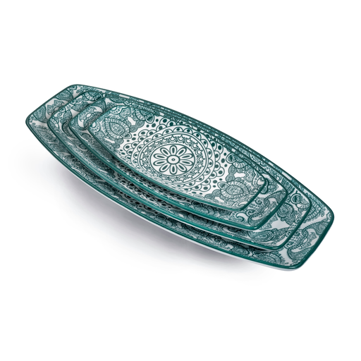 [D03-072] Che Brucia Arabesque Green Porcelain Boat Shape Plate 8"