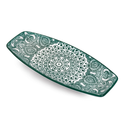 [D03-073] Che Brucia Arabesque Green Porcelain Boat Shape Plate 10"