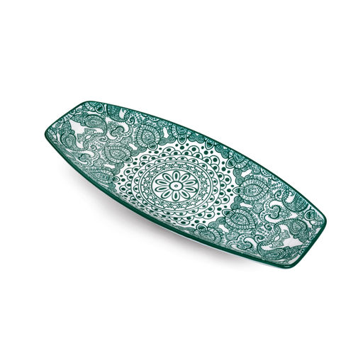 [D03-074] Che Brucia Arabesque Green Porcelain Boat Shape Plate 12"