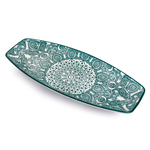 [D03-075] Che Brucia Arabesque Green Porcelain Boat Shape Plate 14"