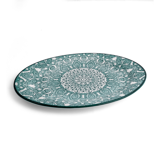 [D03-097] Che Brucia Arabesque Green Porcelain Oval Plate 35 cm / 14"