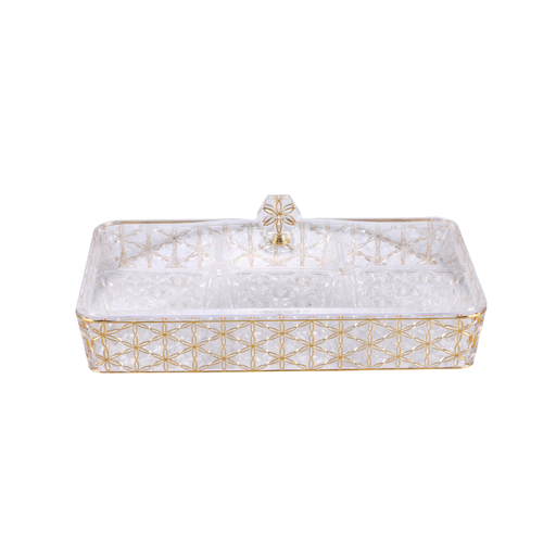 [02-1064] Vague Clear & Gold Rectangular Acrylic Candy Box with 6 bowls 40.2 cm x 27.2 cm Daisy Pattern