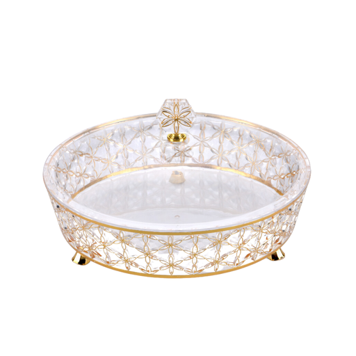 [02-1074] Vague Clear & Gold Round Acrylic Candy Box with legs 30.5 cm x 30.5 cm Daisy Pattern