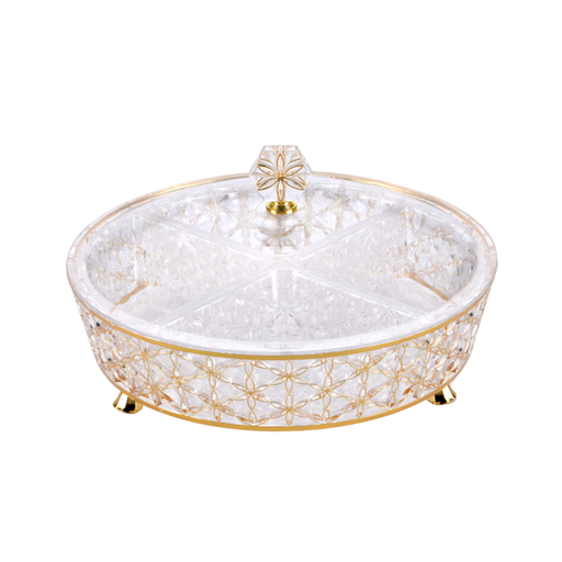 [02-1075] Vague Clear & Gold Round Acrylic Candy Box with legs and 4 bowls 30.5 cm x 30.5 cm Daisy Pattern