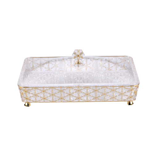 [02-1079] Vague Clear & Gold Rectangular Acrylic Candy Box with legs and 6 bowls 40.2 cm x 27.2 cm Daisy Pattern
