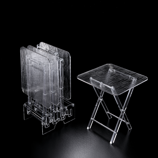 [02-1309] Vague Acrylic 4 Square Coffee Tables with Stand Set Bark Design