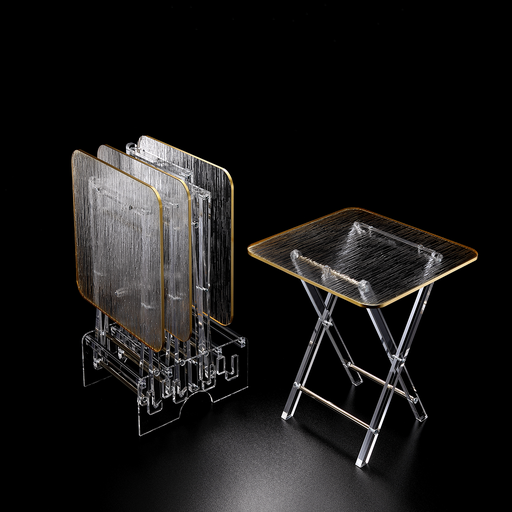 [02-1309G] Vague Acrylic 4 Square Coffee Tables with Stand Set Bark Design