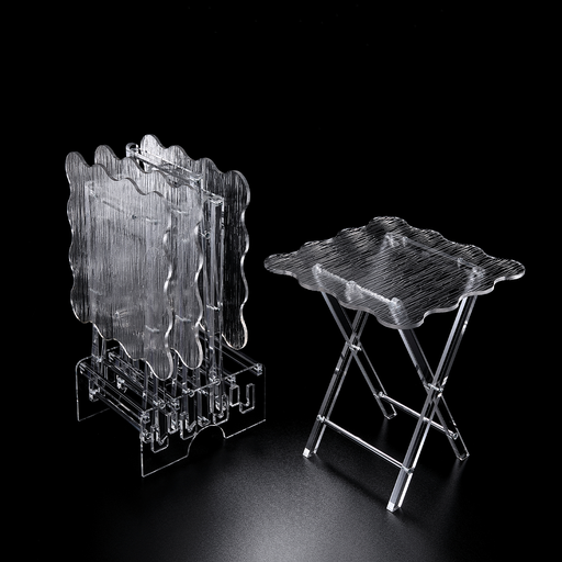 [02-1313] Vague Acrylic 4 Square Coffee Tables with Stand Set Wave Bark Design