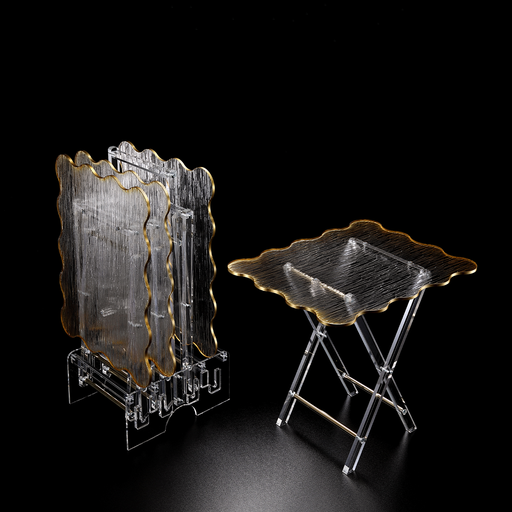 [02-1314G] Vague Acrylic 4 Rectangular Coffee Tables with Stand Set Wave Bark Design