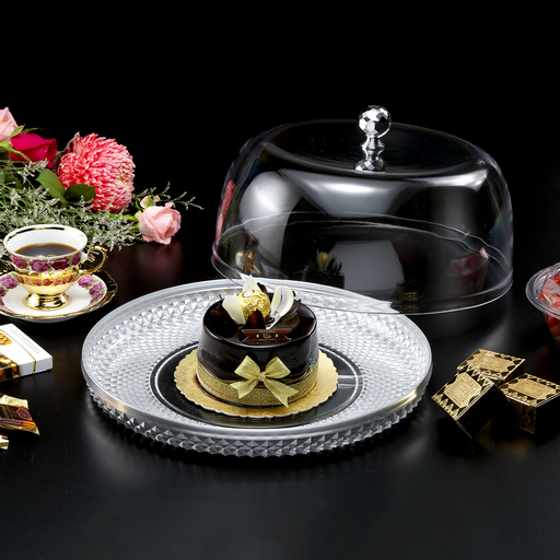 [02-309] جاط تقديم أكريلك دائري فضي بغطاء للكيك 32.5 سم بتصميم الألماس