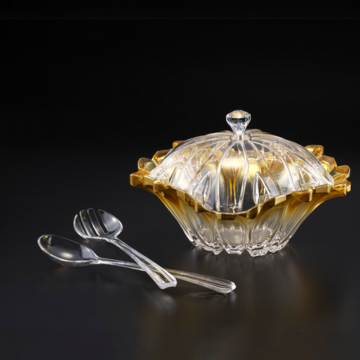 [02-842] وعاء سلطة مع ملعقة و شوكة تقديم من الأكريلك لون ذهبي