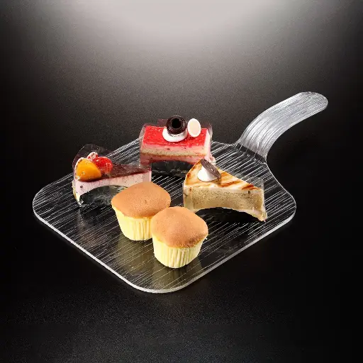 [02-857S] طبق أكريلك لعرض الطعام مع مقبض - لون فضي