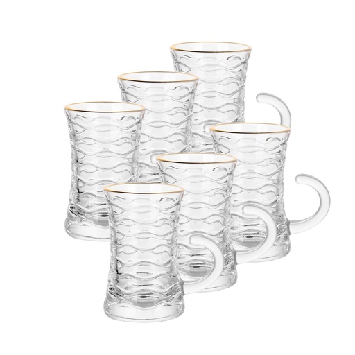 [04-629] Glass 6 Pcs Tea Cup Set 110 ml - Swirl Design with Golden Rim