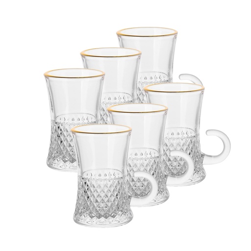[04-631] Glass 6 Pcs Tea Cup Set 110 ml - Nexus Design Crystal with Golden Rim