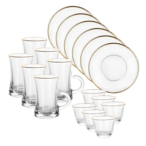 [04-639] Glass 18 Pcs Tea & Coffee Set - Plain with Golden Rim