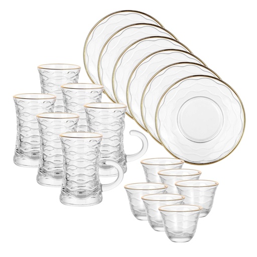 [04-640] Glass 18 Pcs Tea & Coffee Set - Swirl Design with Golden Rim