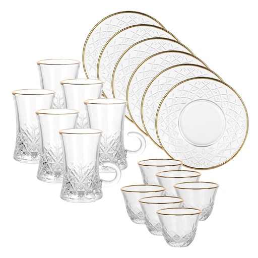 [04-641] Glass 18 Pcs Tea & Coffee Set - Ice Design with Golden Rim