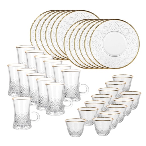 [04-649] Glass 36 Pcs Tea & Coffee Set - Ice Design with Golden Rim