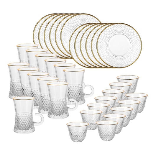 [04-650] Glass 36 Pcs Tea & Coffee Set - Nexus Design with Golden Rim