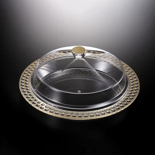 [02-993G] مضيفة تقديم حلويات بغطاء دائري بتصميم ذهبي حجم وسط