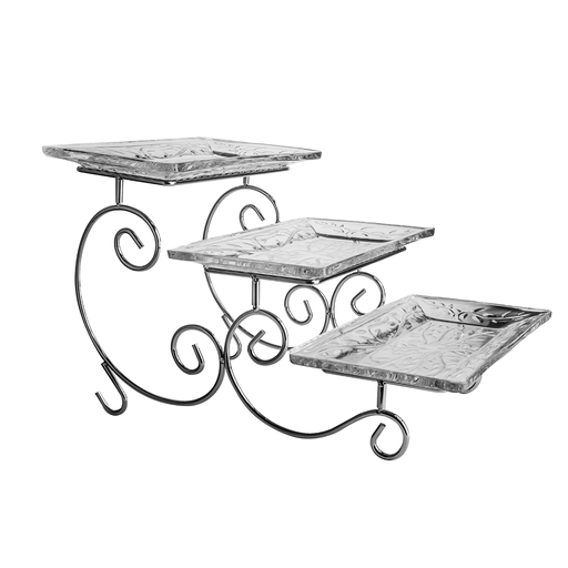 [04-089] Vague 3 Tier Glass Cake Serving Set Silver