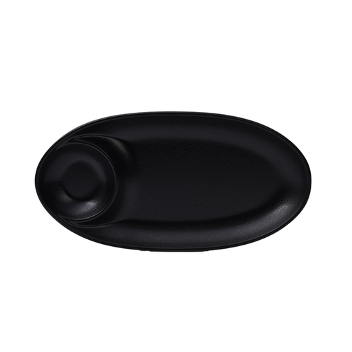 [36-461MT] Vague Melamine Oval Platter with Sauce Hole 24 x 12.25 x 2.5 cm Black Matt Finish