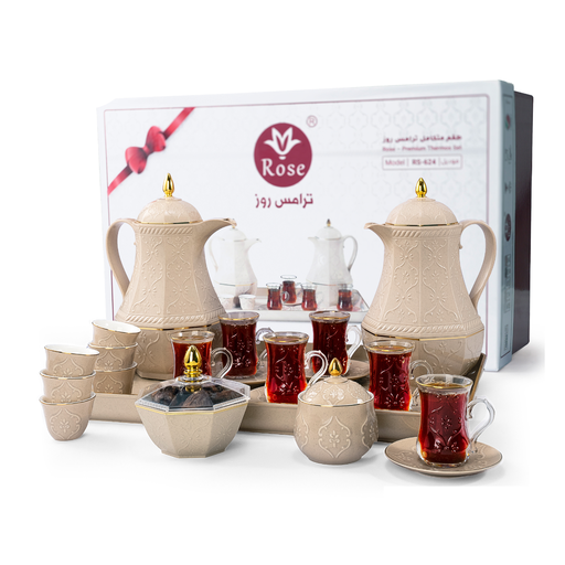 [RP-83010] طقم قهوة وشاي 24 قطعة مع ترمس بيج من ترامس روز