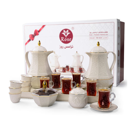 [RP-83017] طقم قهوة وشاي 24 قطعة مع ترمس أبيض منقط من ترامس روز