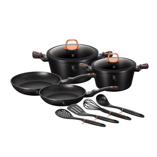 [BH-113] Berlinger Haus 10 Pieces Cookware with Frypans & Tools Set Black Rose Collection / BH/6149