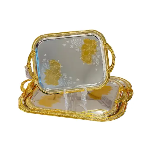 [LBS-157] 3 Pcs Rectangular Stainless Steel Trays Set Silver & Golden